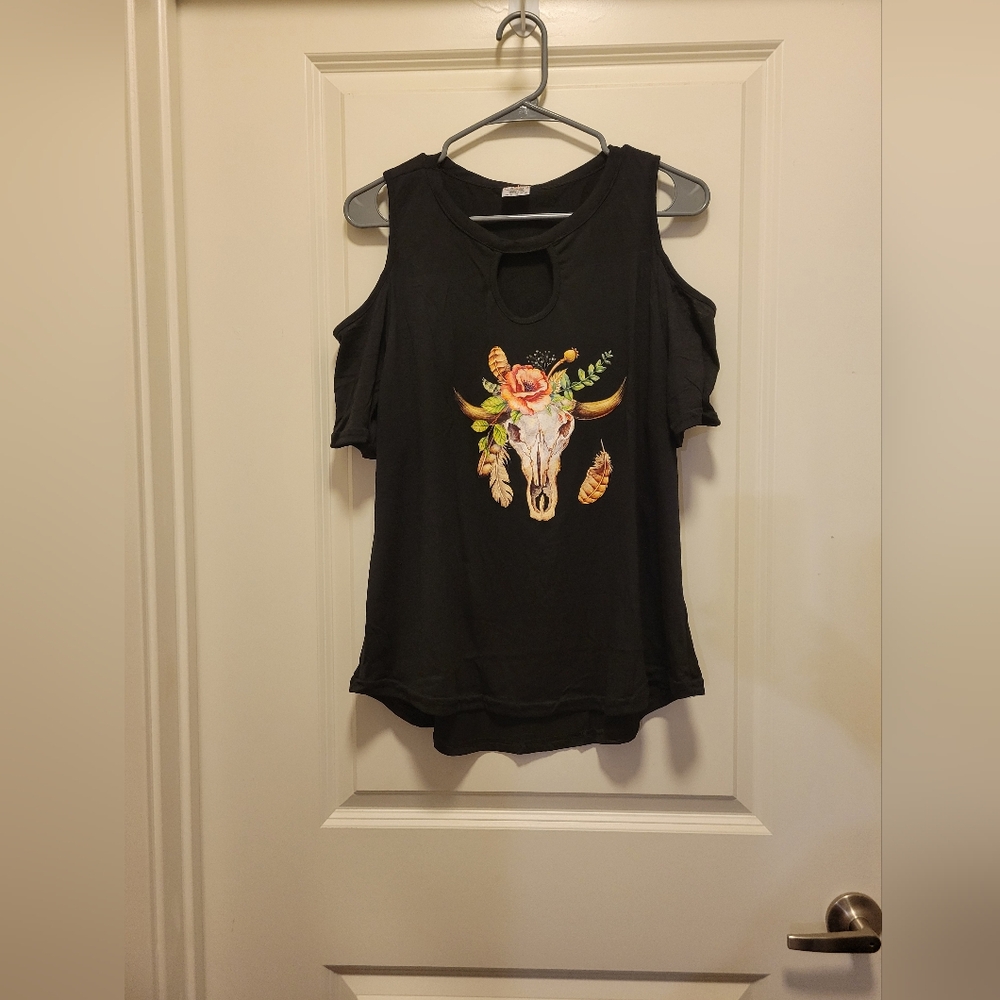 Black Boutique Western Cow Cold Shoulder Blouse